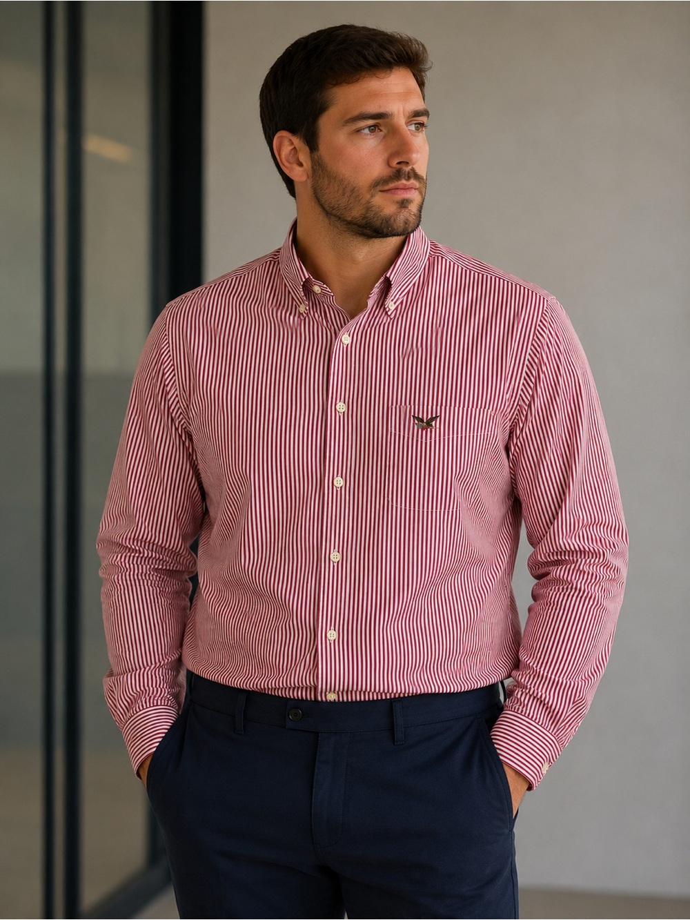 American Living Cotton Red & White Striped Button-Down Shirt